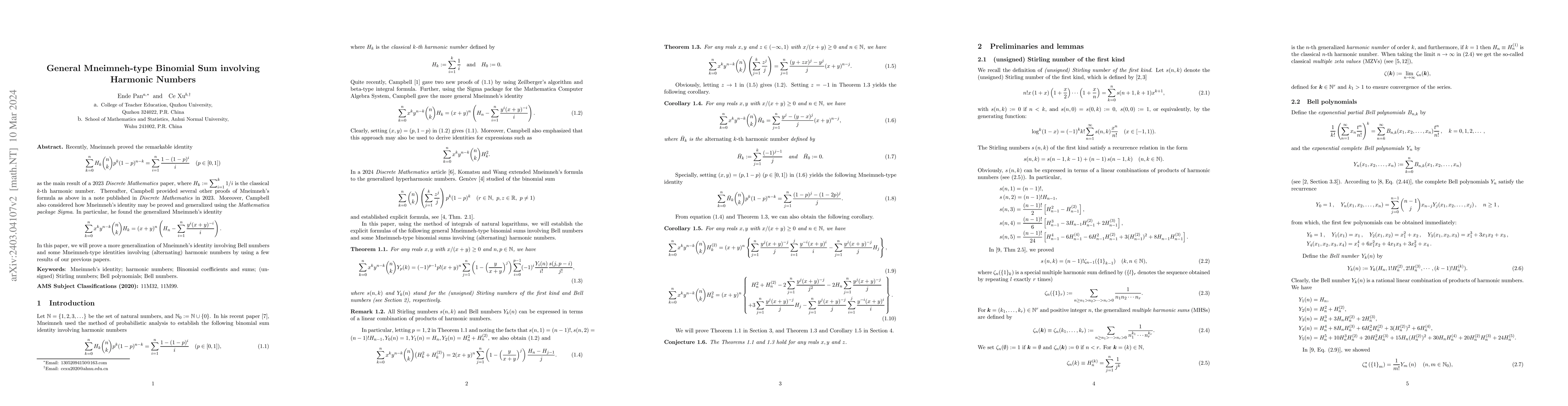 Thumbnail for General Mneimneh-type Binomial Sum involving Harmonic Numbers