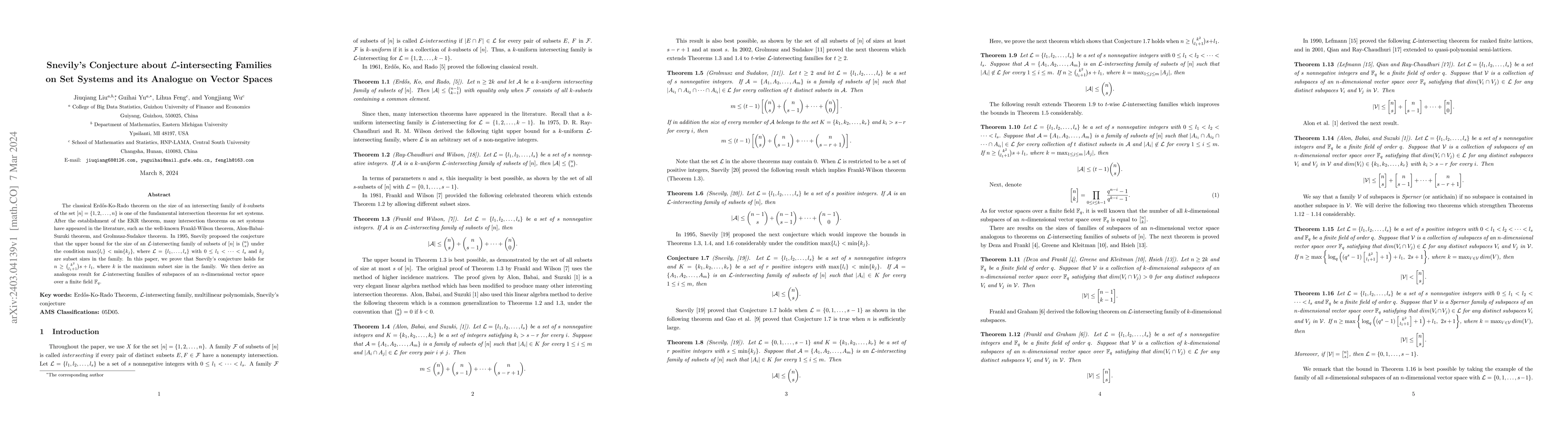 Thumbnail for Snevily's Conjecture about $\mathcal{L}$-intersecting Families on Set
  Systems and its Analogue on Vector Spaces