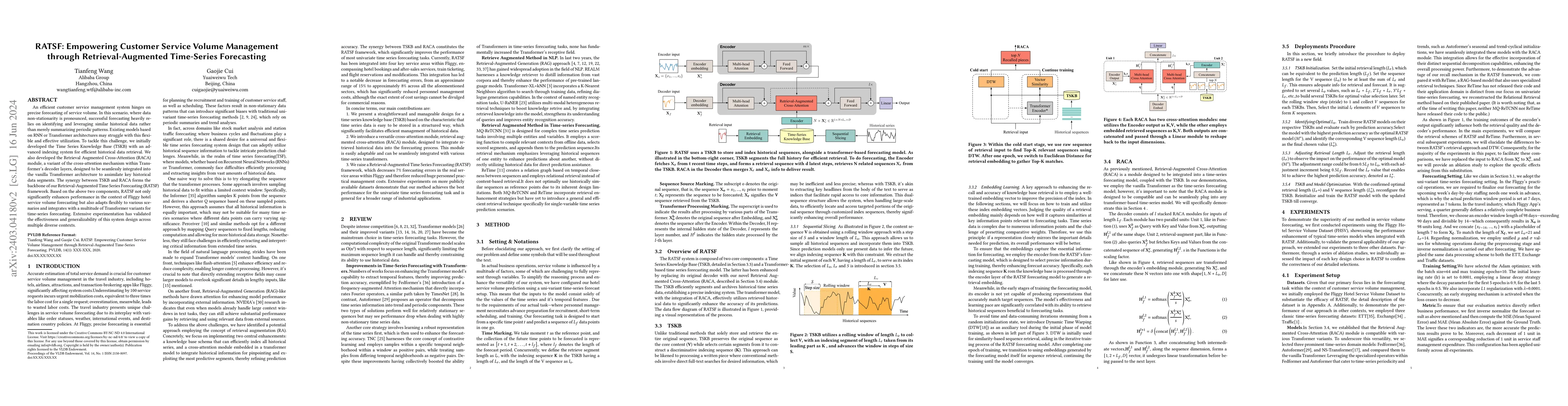 Thumbnail for RATSF: Empowering Customer Service Volume Management through
  Retrieval-Augmented Time-Series Forecasting