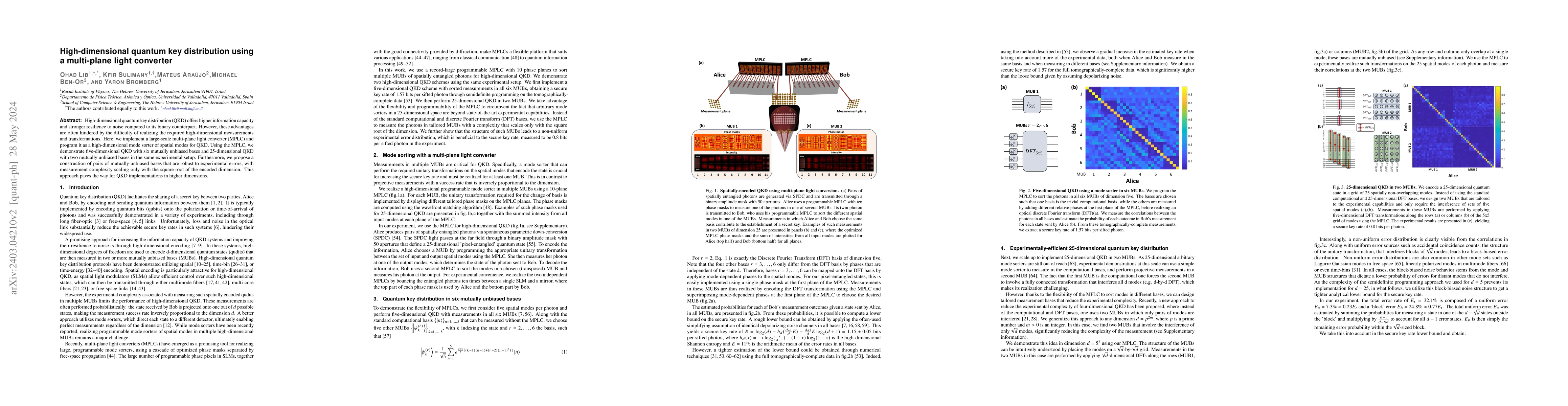 Thumbnail for High-dimensional quantum key distribution using a multi-plane light
  converter