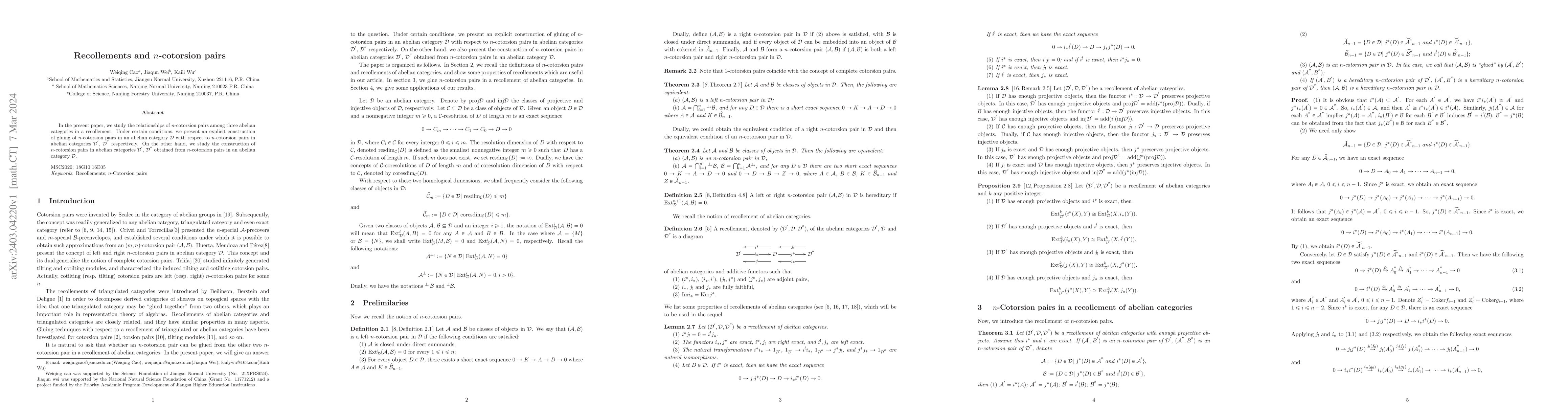 Thumbnail for Recollements and $n$-cotorsion pairs
