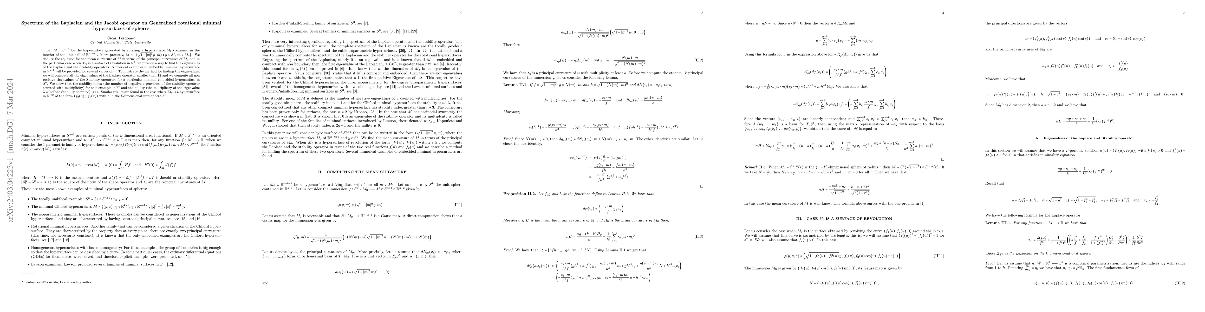 Thumbnail for Spectrum of the Laplacian and the Jacobi operator on Generalized
  rotational minimal hypersurfaces of spheres