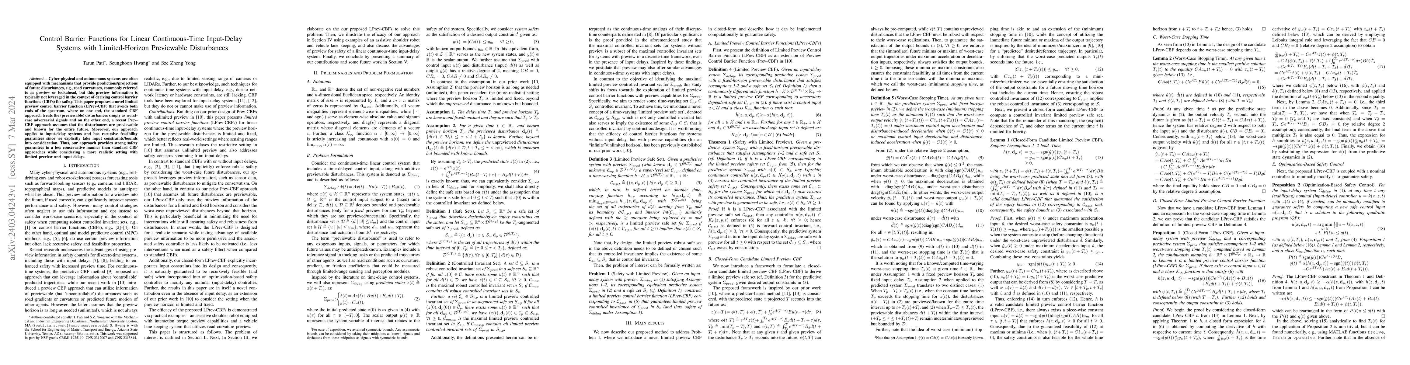 Thumbnail for Control Barrier Functions for Linear Continuous-Time Input-Delay Systems
  with Limited-Horizon Previewable Disturbances