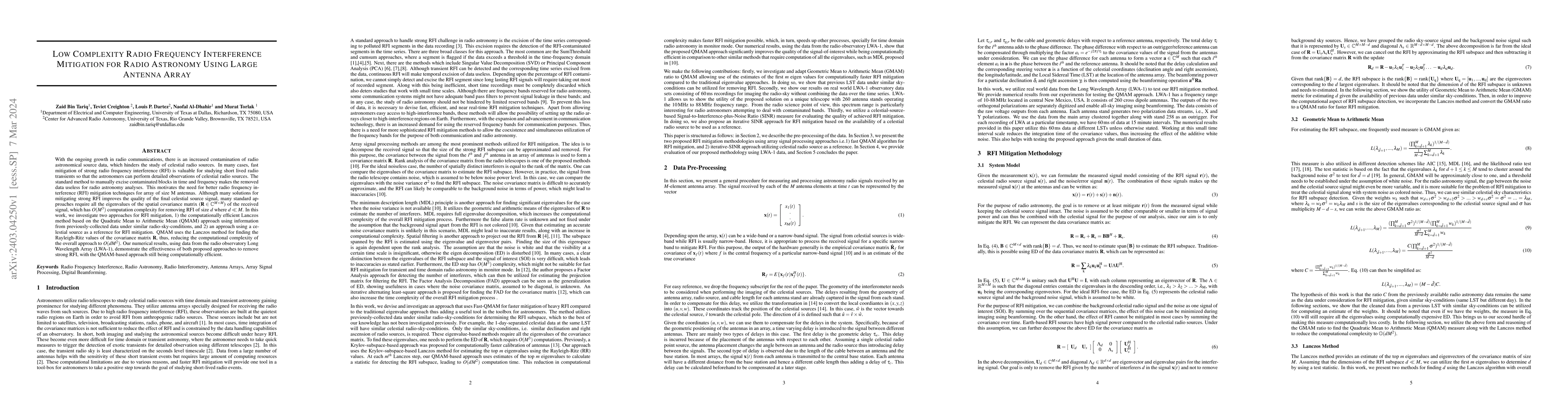 Thumbnail for Low Complexity Radio Frequency Interference Mitigation for Radio
  Astronomy Using Large Antenna Array