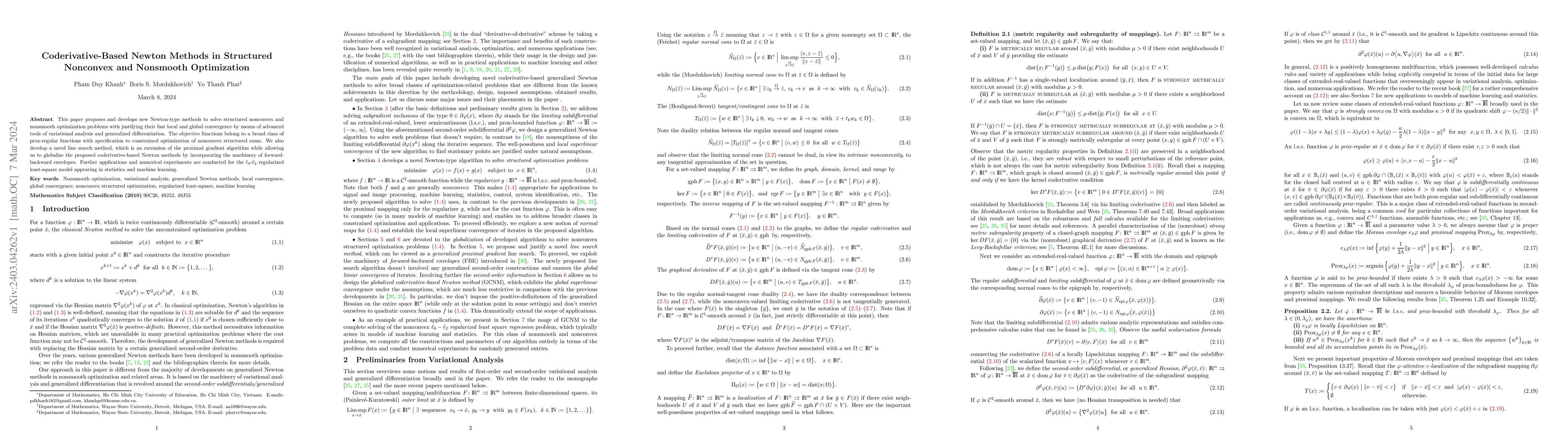 Thumbnail for Coderivative-Based Newton Methods in Structured Nonconvex and Nonsmooth
  Optimization