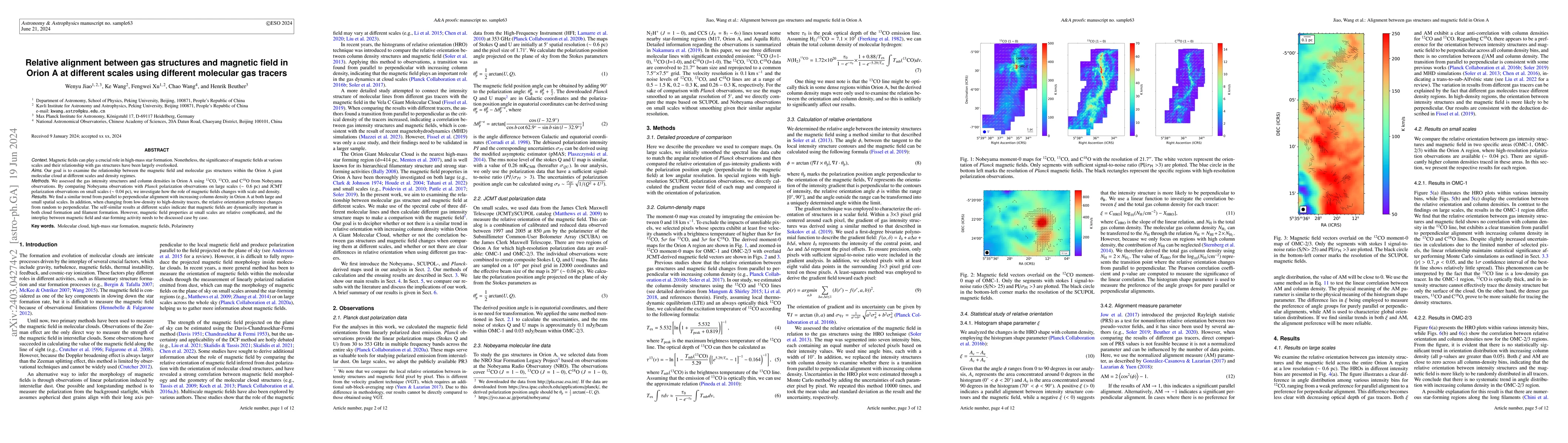 Thumbnail for Relative alignment between gas structures and magnetic field in Orion A
  at different scales using different molecular gas tracers