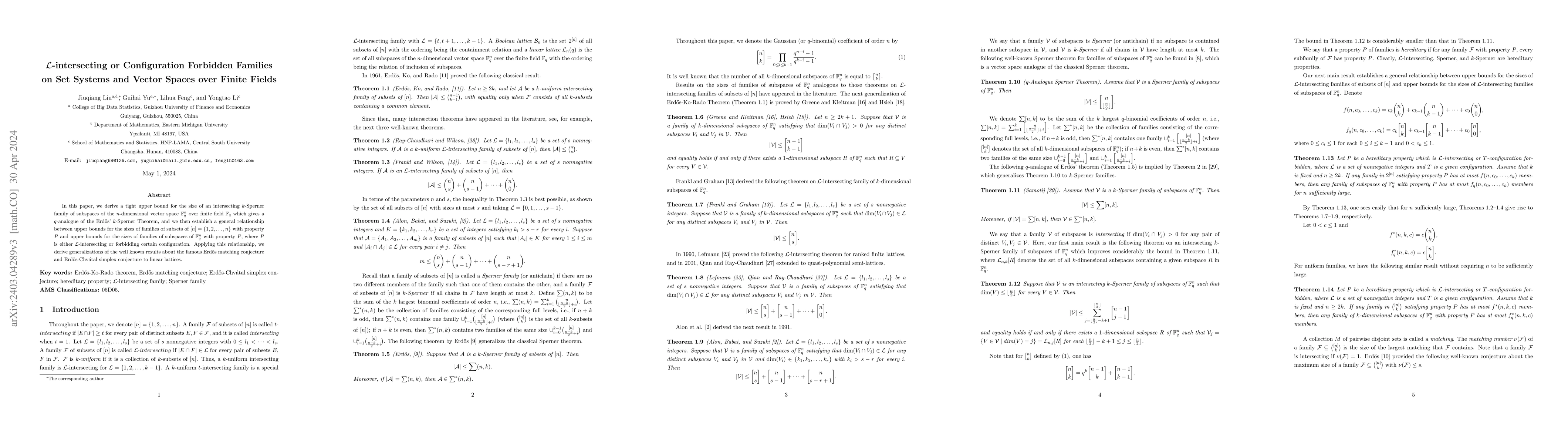 Thumbnail for $\mathcal{L}$-intersecting or Configuration Forbidden Families on Set
  Systems and Vector Spaces over Finite Fields