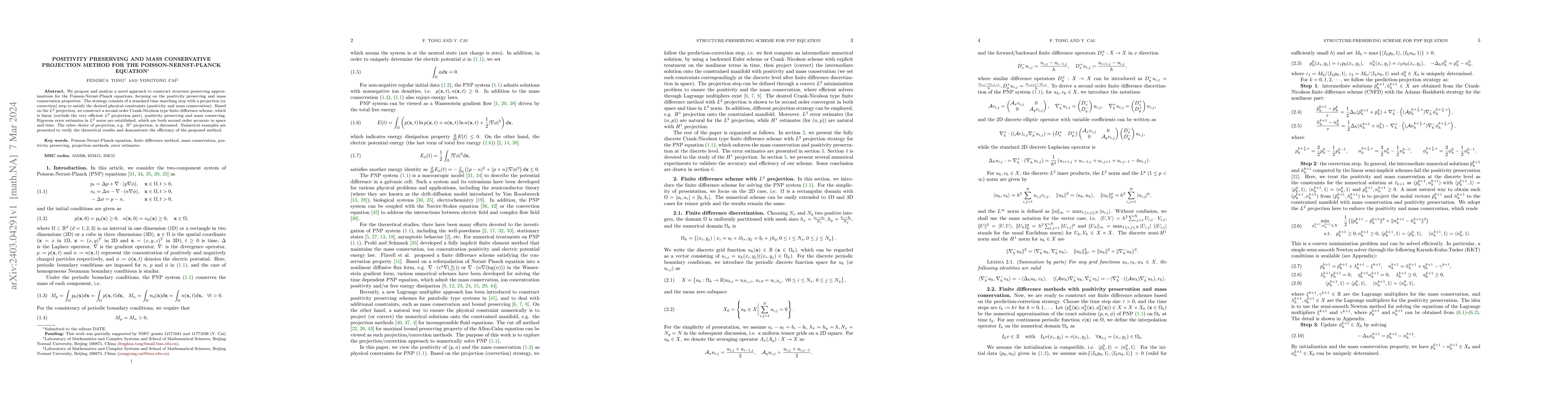 Thumbnail for Positivity preserving and mass conservative projection method for the
  Poisson-Nernst-Planck equation