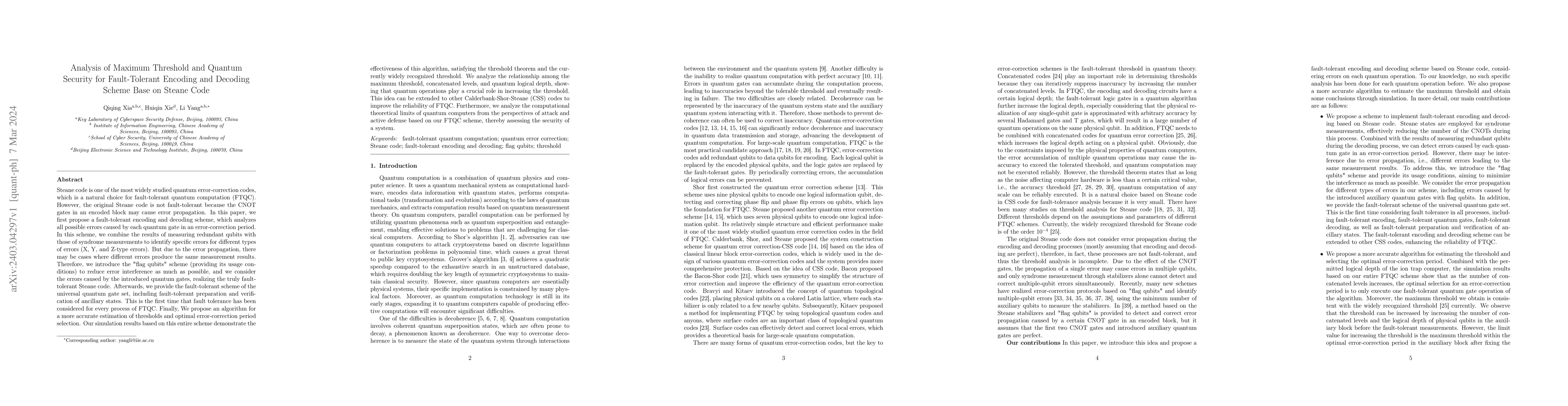 Thumbnail for Analysis of Maximum Threshold and Quantum Security for Fault-Tolerant
  Encoding and Decoding Scheme Base on Steane Code
