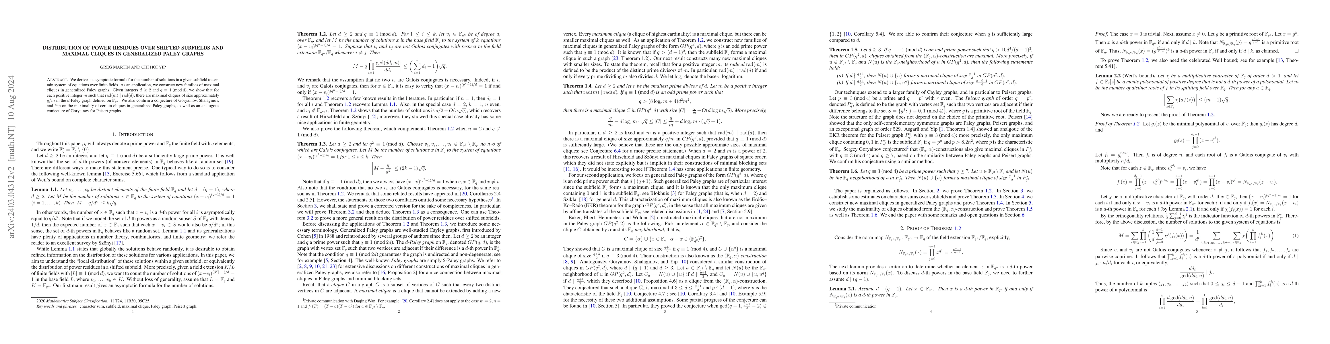 Thumbnail for Distribution of power residues over shifted subfields and maximal
  cliques in generalized Paley graphs