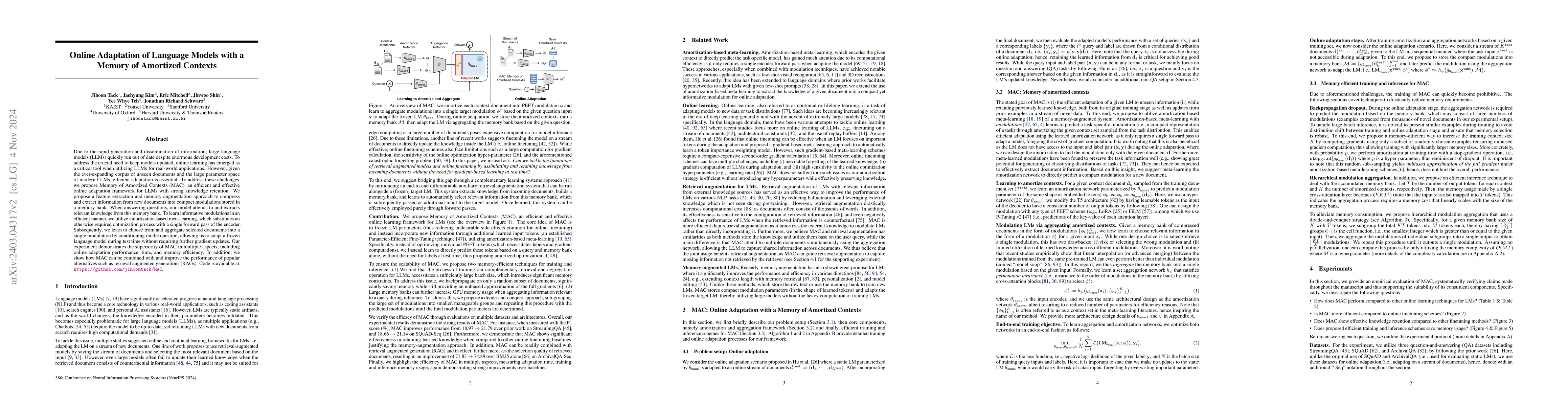 Thumbnail for Online Adaptation of Language Models with a Memory of Amortized Contexts