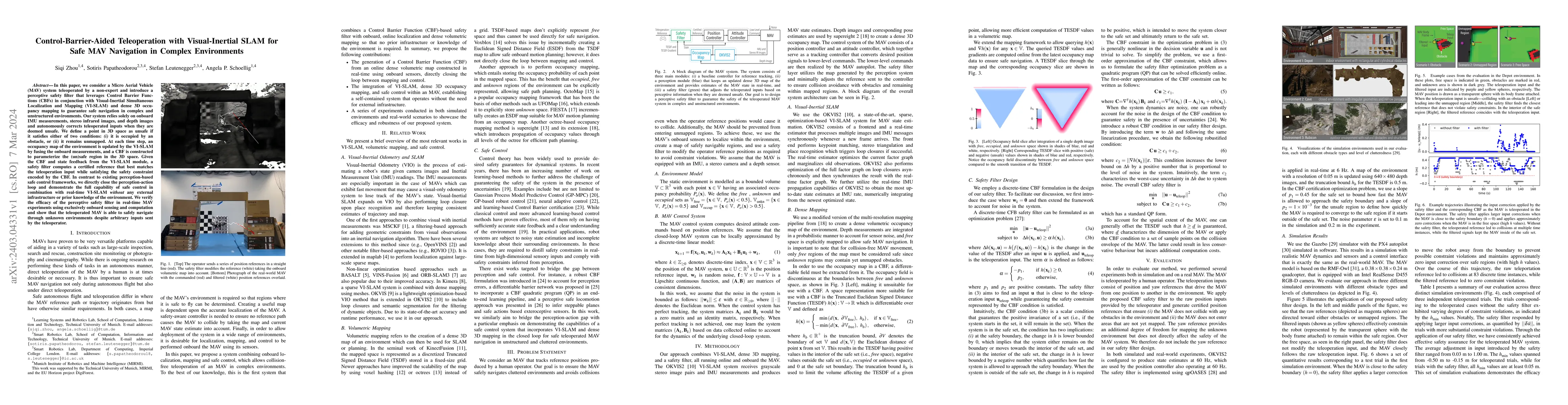 Thumbnail for Control-Barrier-Aided Teleoperation with Visual-Inertial SLAM for Safe
  MAV Navigation in Complex Environments