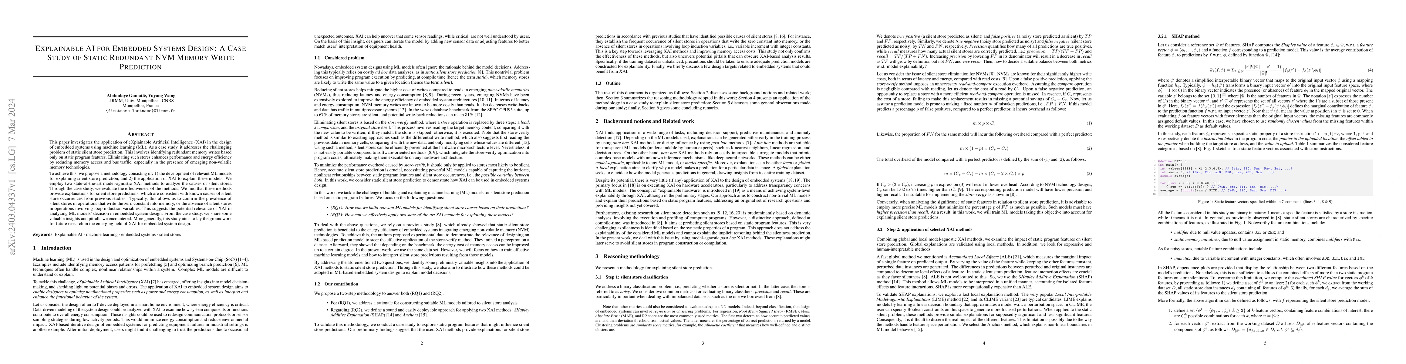 Thumbnail for Explainable AI for Embedded Systems Design: A Case Study of Static
  Redundant NVM Memory Write Prediction