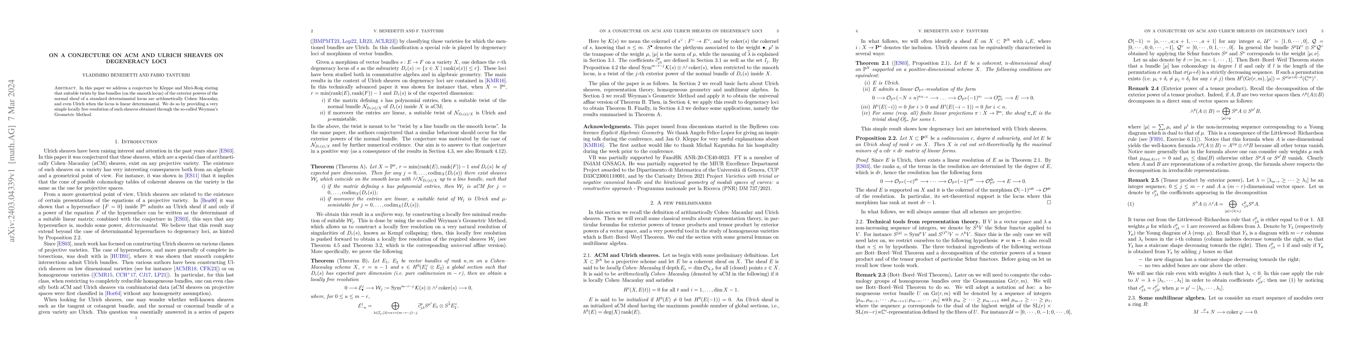 Thumbnail for On a conjecture on aCM and Ulrich sheaves on degeneracy loci