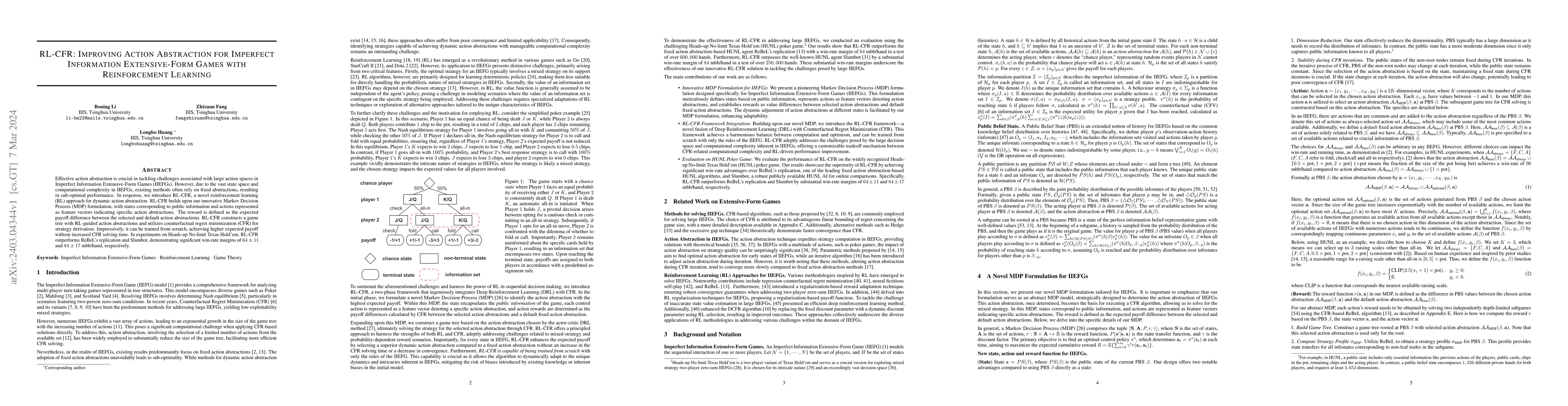 Thumbnail for RL-CFR: Improving Action Abstraction for Imperfect Information
  Extensive-Form Games with Reinforcement Learning