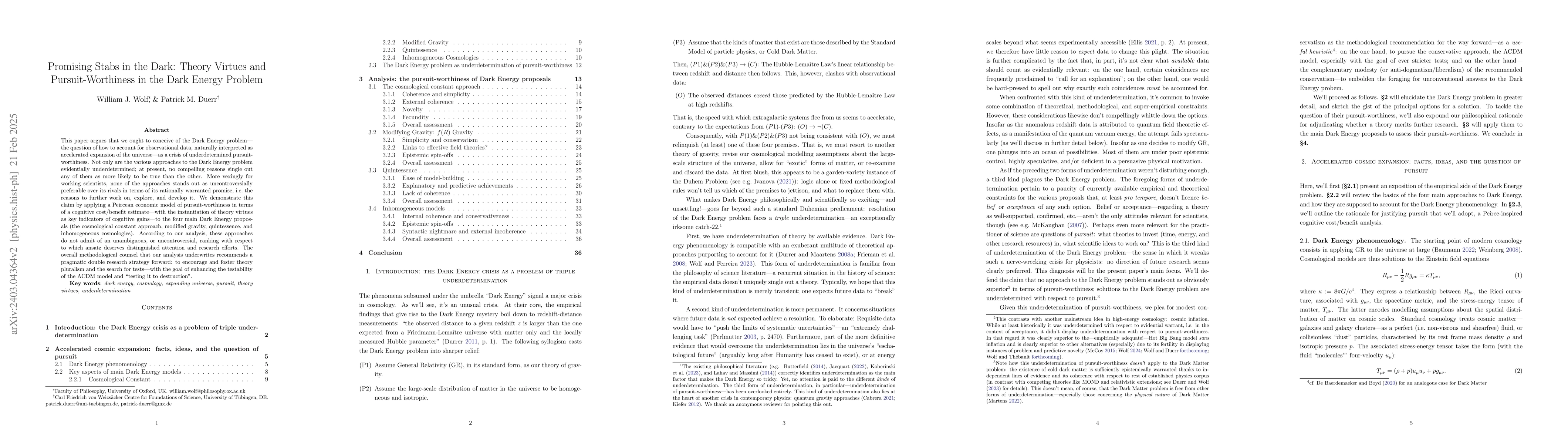 Thumbnail for Promising Stabs in the Dark: Theory Virtues and Pursuit-Worthiness in
  the Dark Energy Problem