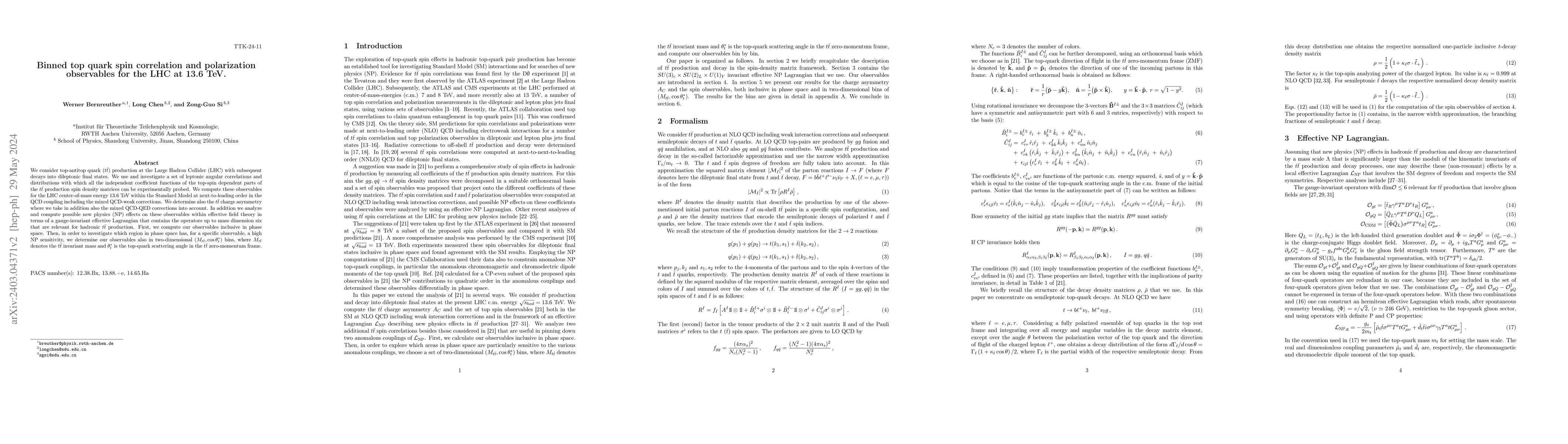 Thumbnail for Binned top quark spin correlation and polarization observables for the
  LHC at 13.6 TeV
