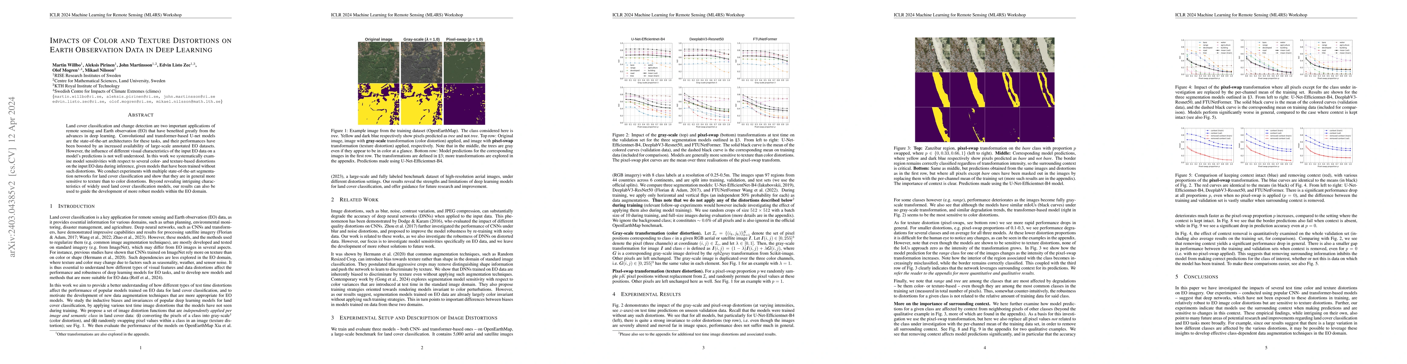 Thumbnail for Impacts of Color and Texture Distortions on Earth Observation Data in
  Deep Learning