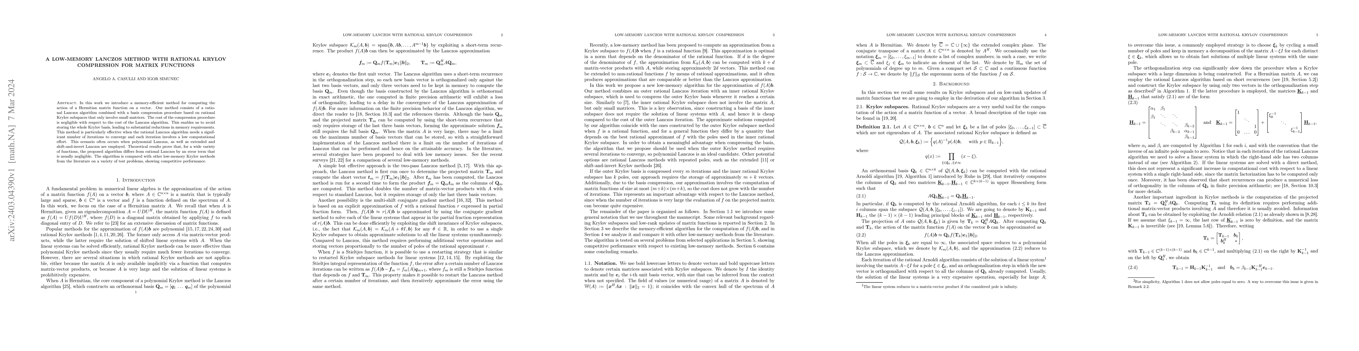 Thumbnail for A low-memory Lanczos method with rational Krylov compression for matrix
  functions