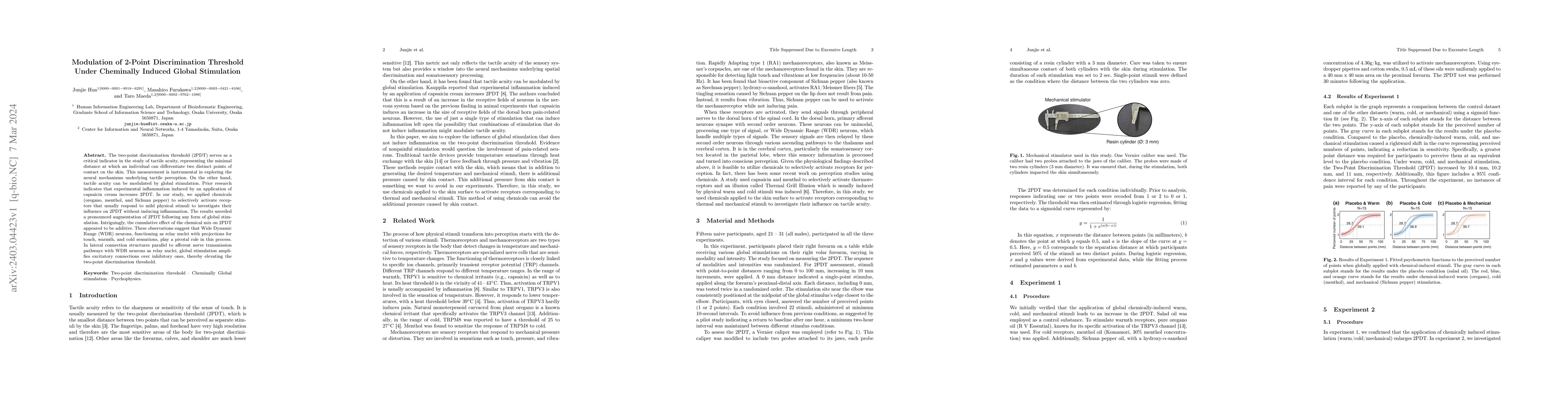 Thumbnail for Modulation of 2-Point Discrimination Threshold Under Chemically Induced
  Global Stimulation