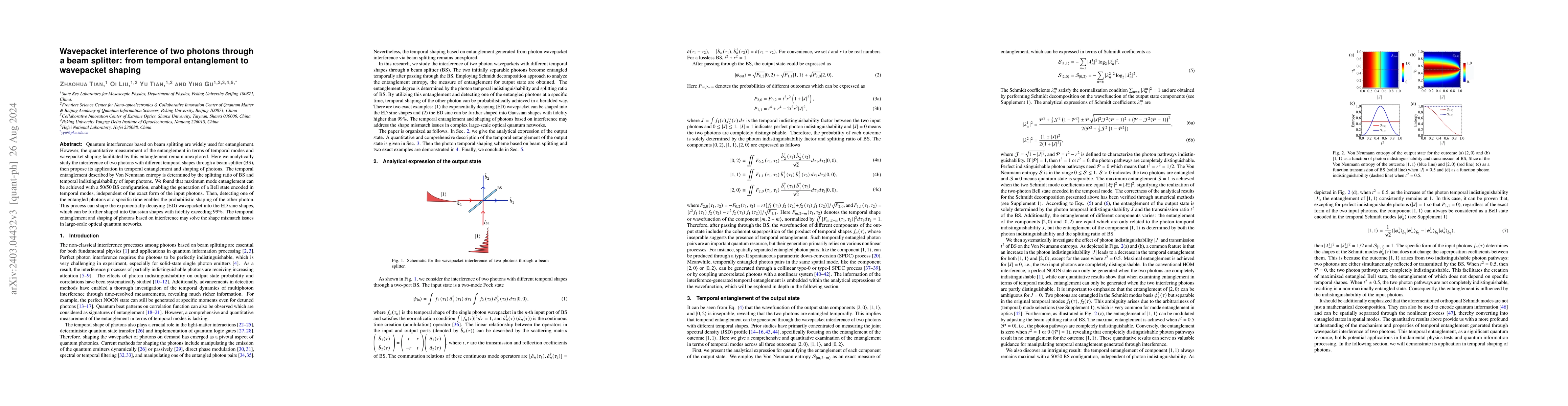 Thumbnail for Wavepacket interference of two photons through a beam splitter: from
  temporal entanglement to wavepacket shaping