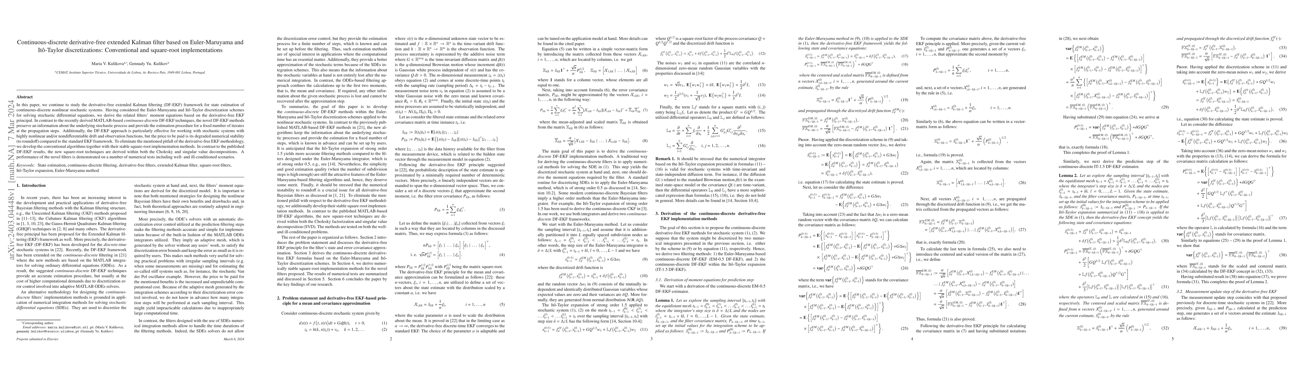 Thumbnail for Continuous-discrete derivative-free extended Kalman filter based on
  Euler-Maruyama and It\^{o}-Taylor discretizations: Conventional and
  square-root implementations