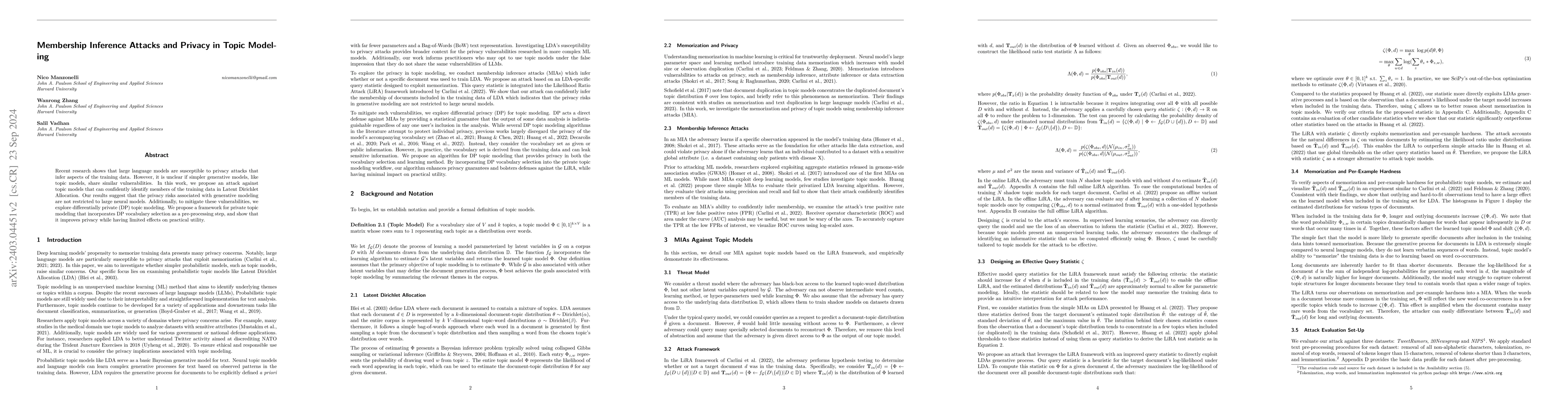 Thumbnail for Membership Inference Attacks and Privacy in Topic Modeling