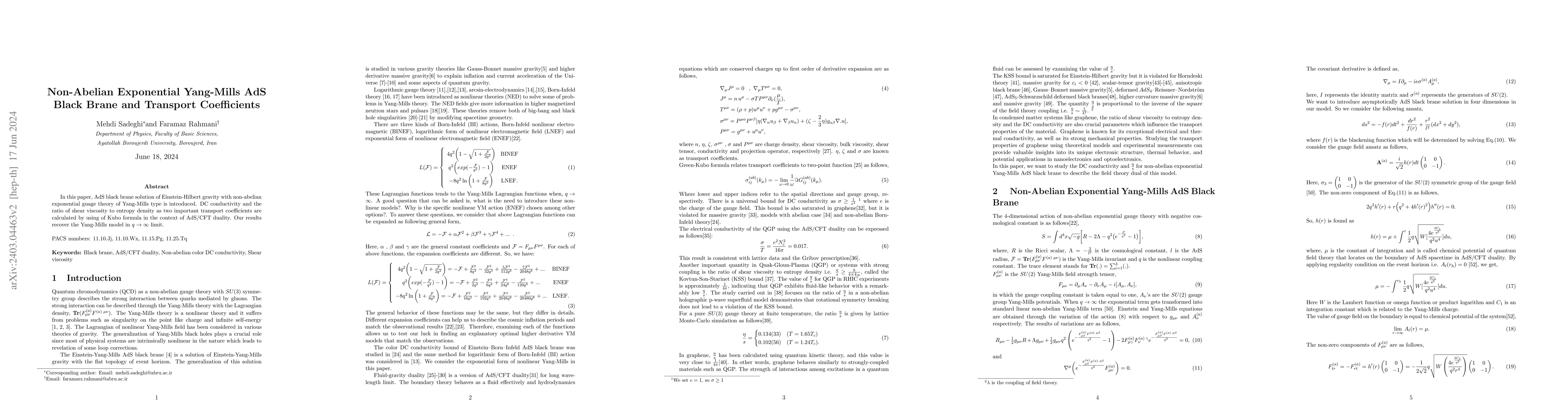 Thumbnail for Non-Abelian Exponential Yang-Mills AdS Black Brane and Transport
  Coefficients
