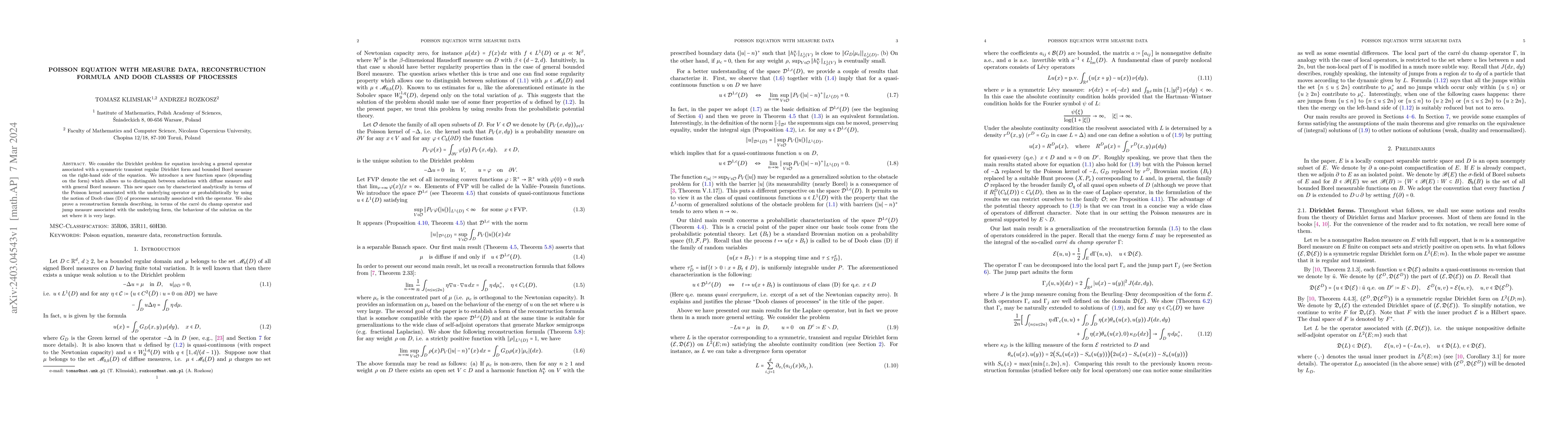 Thumbnail for Poisson equation with measure data, reconstruction formula and Doob
  classes of processes