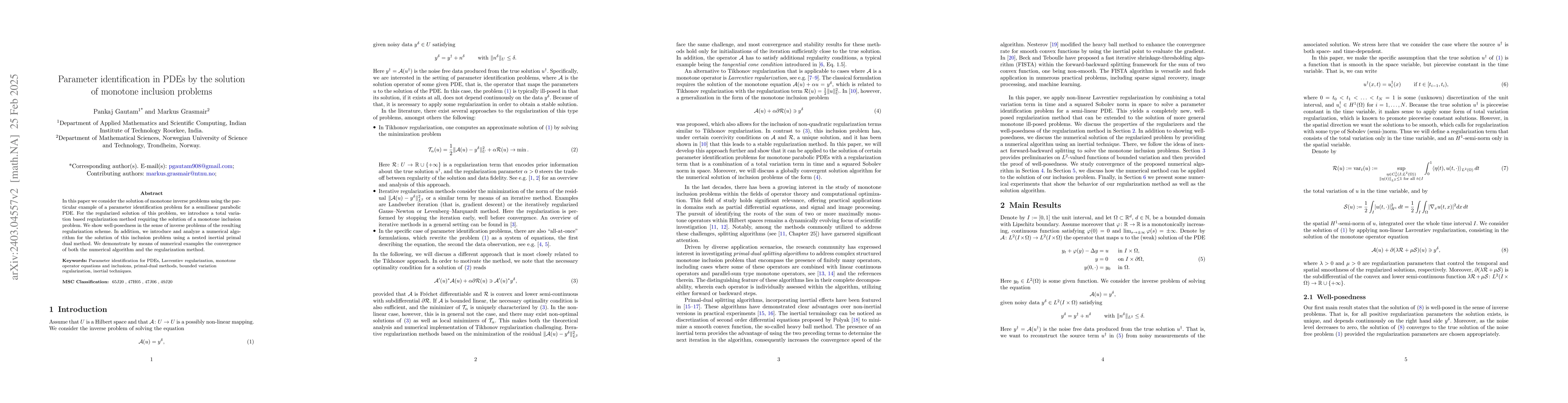Thumbnail for Parameter identification in PDEs by the solution of monotone inclusion
  problems