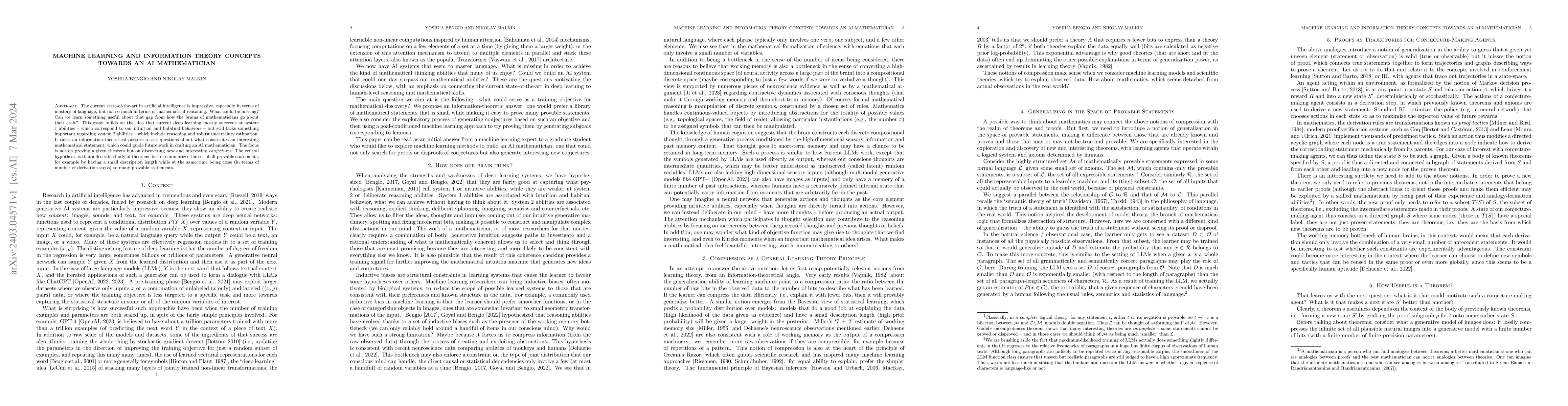 Thumbnail for Machine learning and information theory concepts towards an AI
  Mathematician