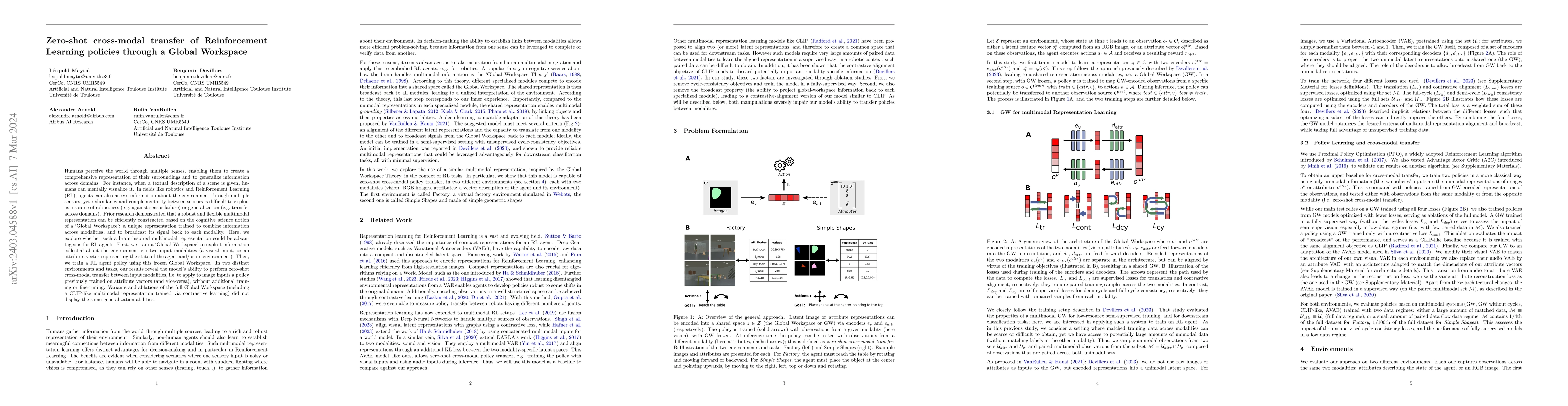 Thumbnail for Zero-shot cross-modal transfer of Reinforcement Learning policies
  through a Global Workspace