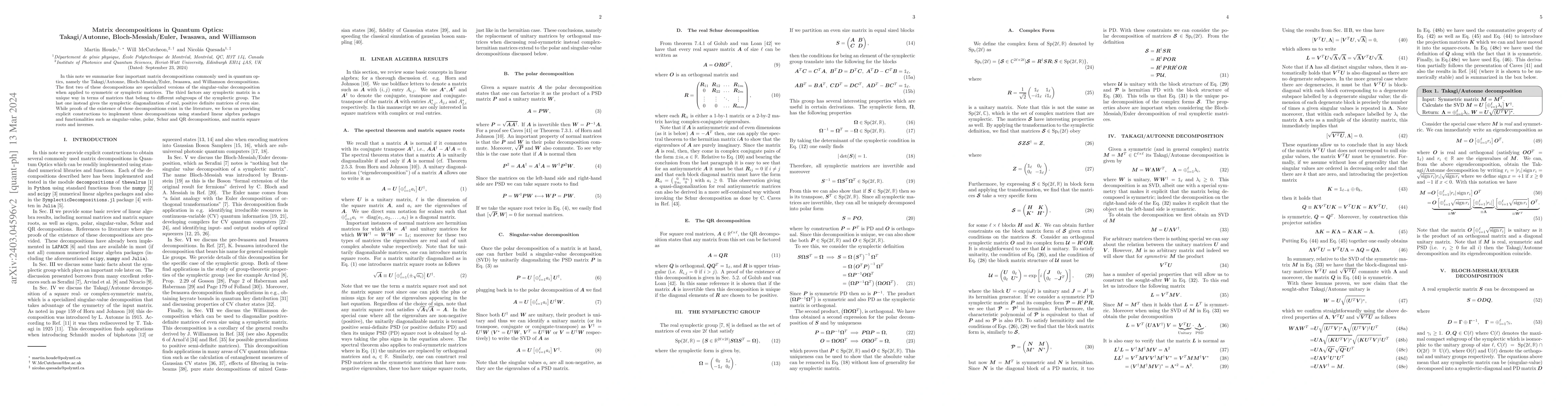 Thumbnail for Matrix decompositions in Quantum Optics: Takagi/Autonne,
  Bloch-Messiah/Euler, Iwasawa, and Williamson