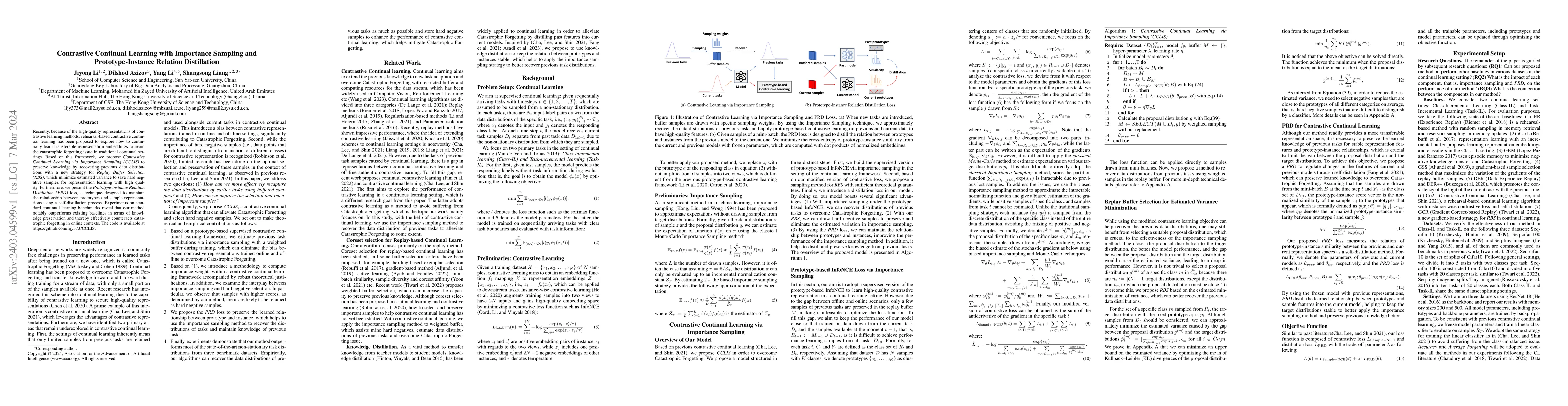 Thumbnail for Contrastive Continual Learning with Importance Sampling and
  Prototype-Instance Relation Distillation