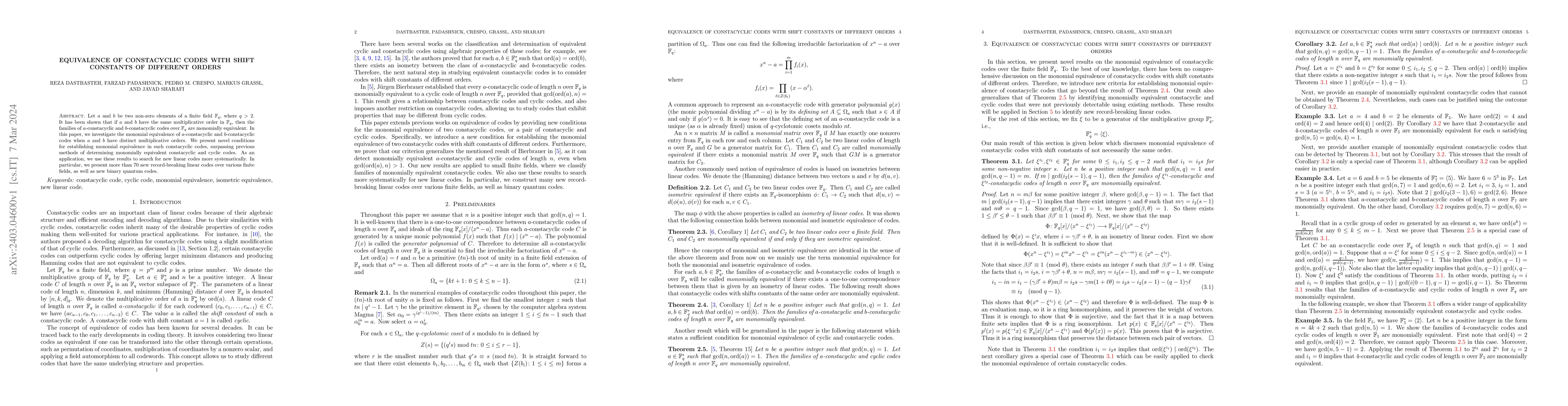 Thumbnail for Equivalence of constacyclic codes with shift constants of different
  orders