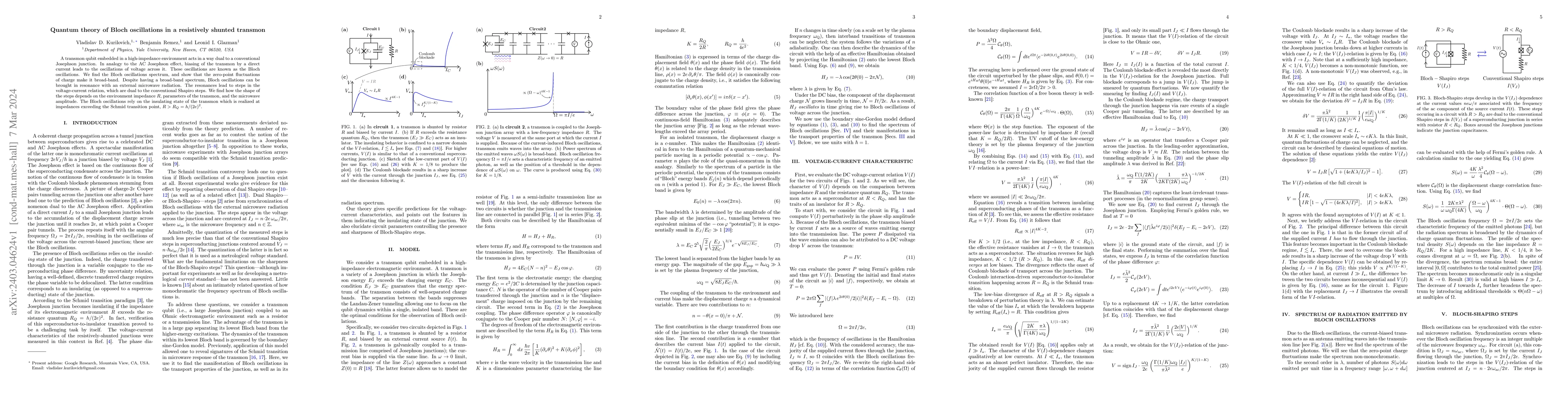 Thumbnail for Quantum theory of Bloch oscillations in a resistively shunted transmon