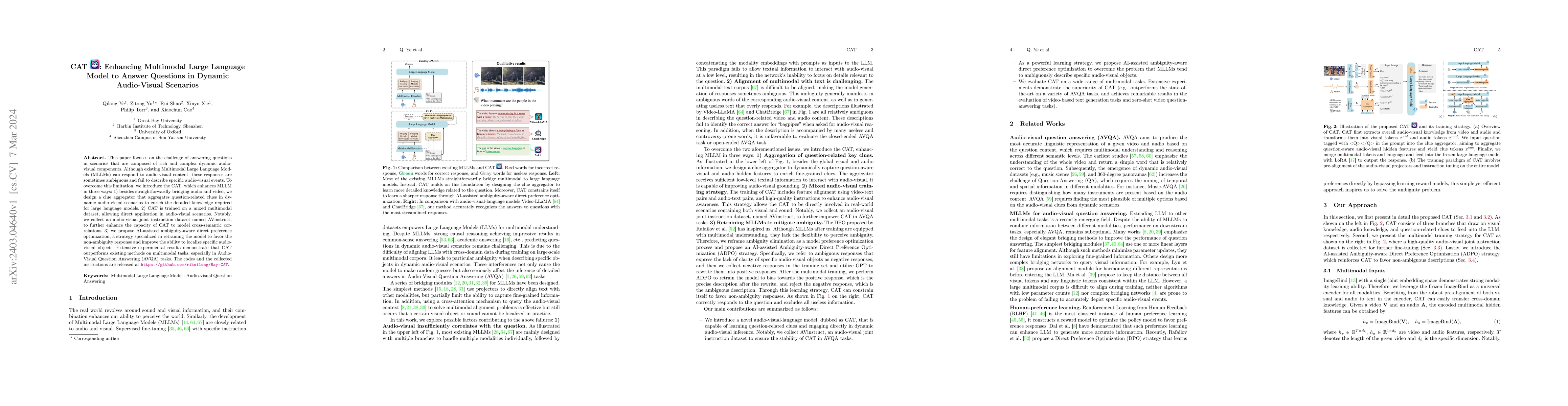 Thumbnail for CAT: Enhancing Multimodal Large Language Model to Answer Questions in
  Dynamic Audio-Visual Scenarios