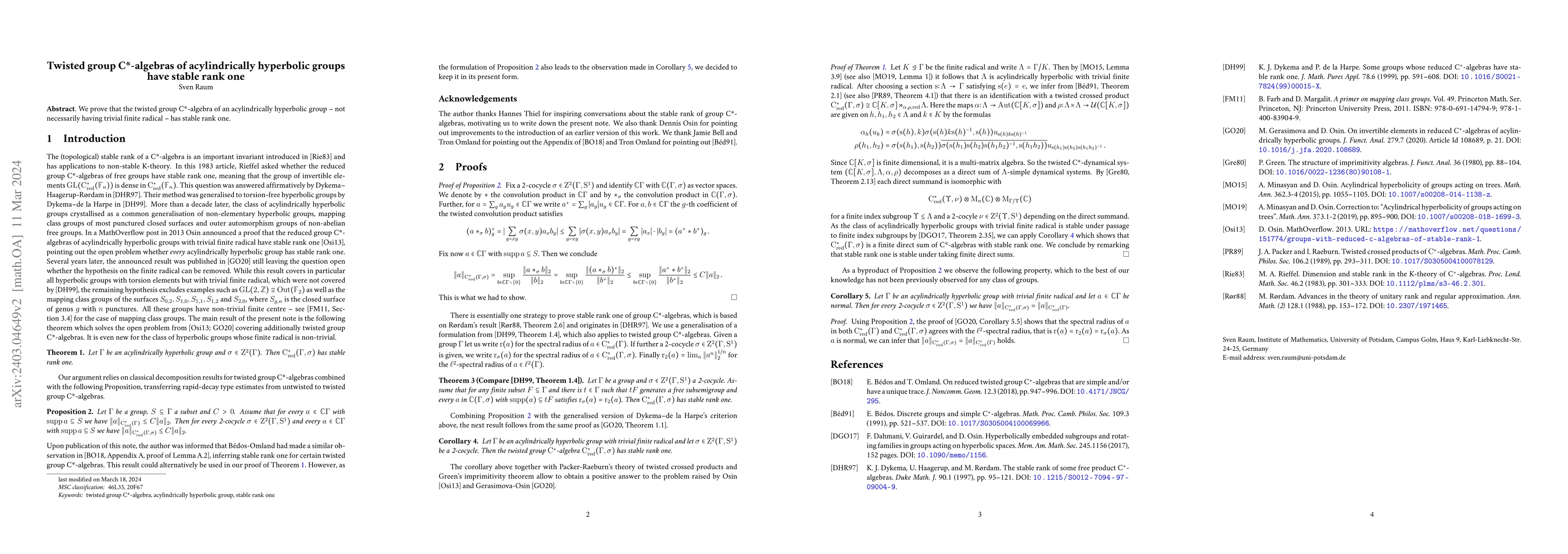Thumbnail for Twisted group C*-algebras of acylindrically hyperbolic groups have
  stable rank one