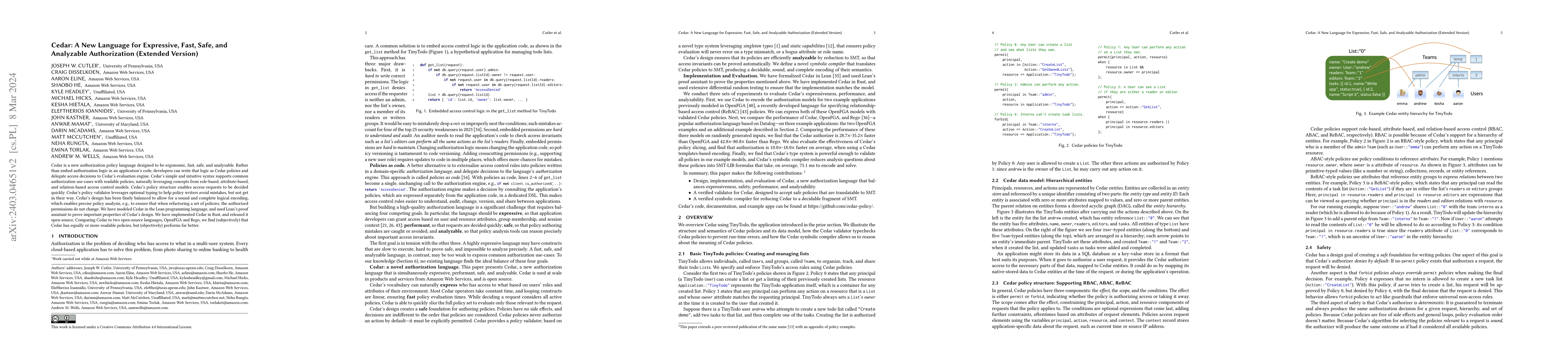 Thumbnail for Cedar: A New Language for Expressive, Fast, Safe, and Analyzable
  Authorization (Extended Version)