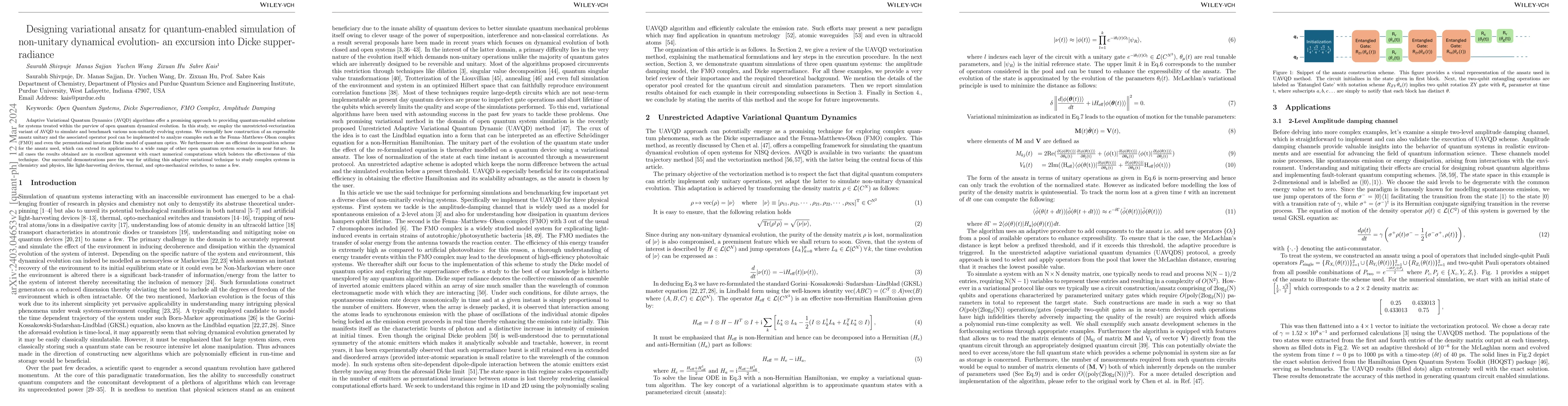 Thumbnail for Designing variational ansatz for quantum-enabled simulation of
  non-unitary dynamical evolution -- an excursion into Dicke supperradiance