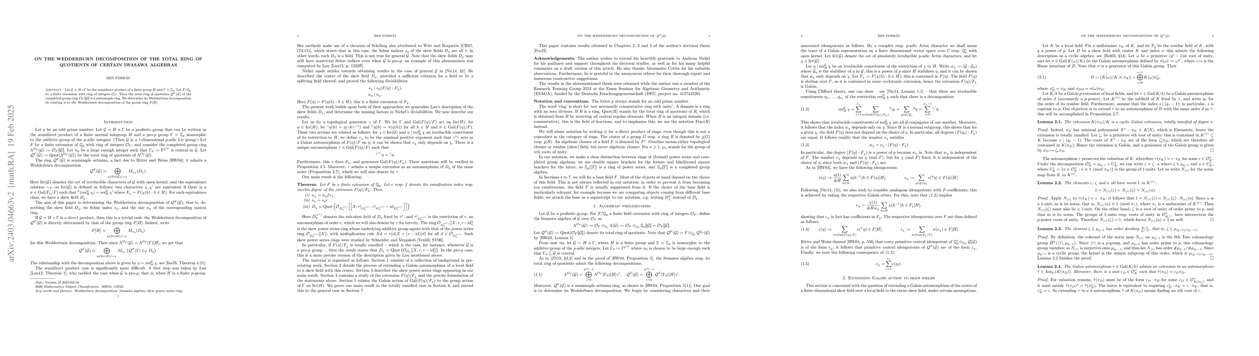 Thumbnail for On the Wedderburn decomposition of the total ring of quotients of
  certain Iwasawa algebras