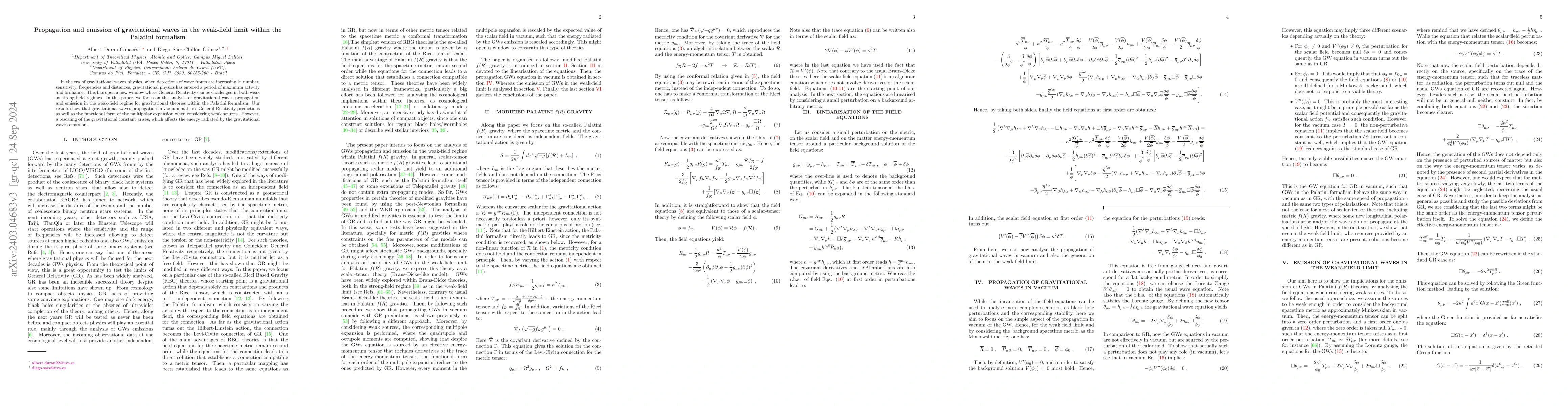 Thumbnail for Propagation and emission of gravitational waves in the weak-field limit
  within the Palatini formalism