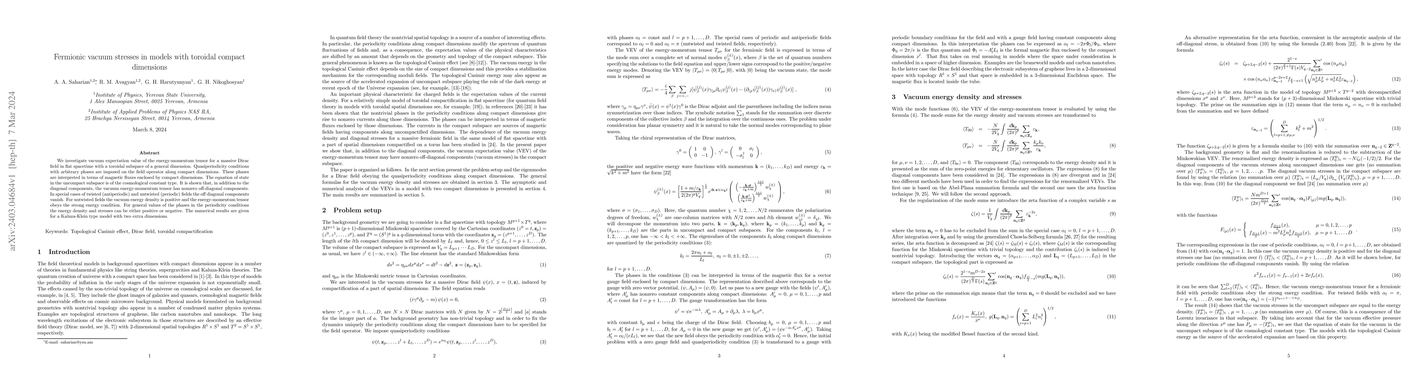 Thumbnail for Fermionic vacuum stresses in models with toroidal compact dimensions
