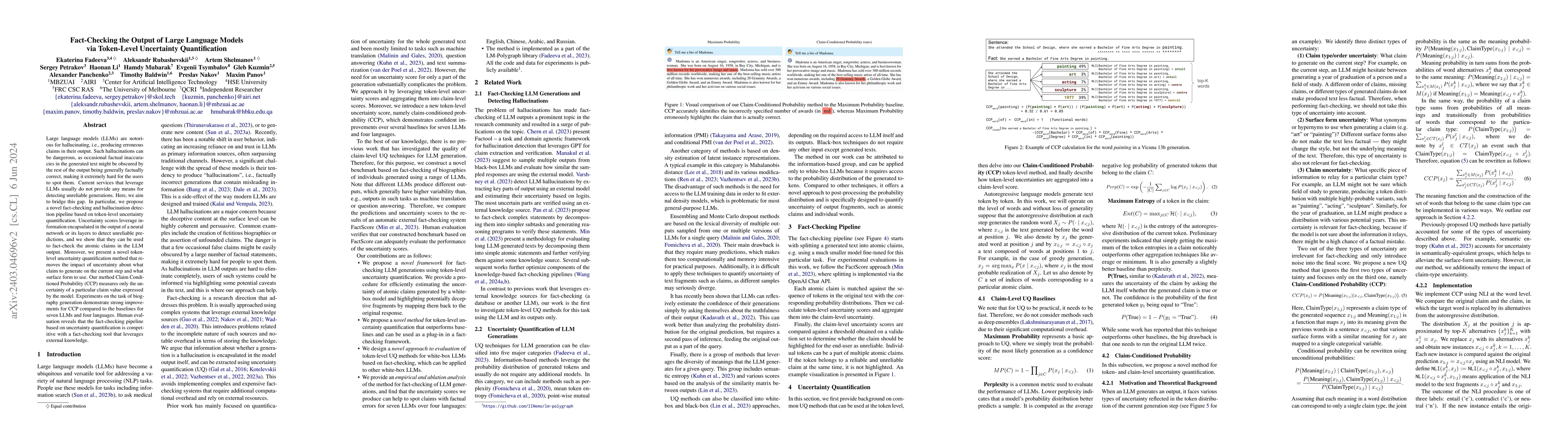 Thumbnail for Fact-Checking the Output of Large Language Models via Token-Level
  Uncertainty Quantification