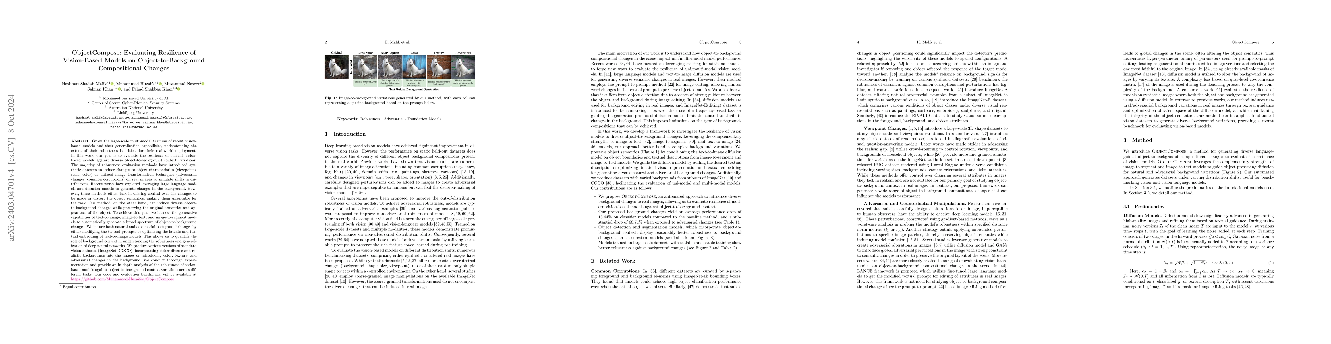 Thumbnail for ObjectCompose: Evaluating Resilience of Vision-Based Models on
  Object-to-Background Compositional Changes