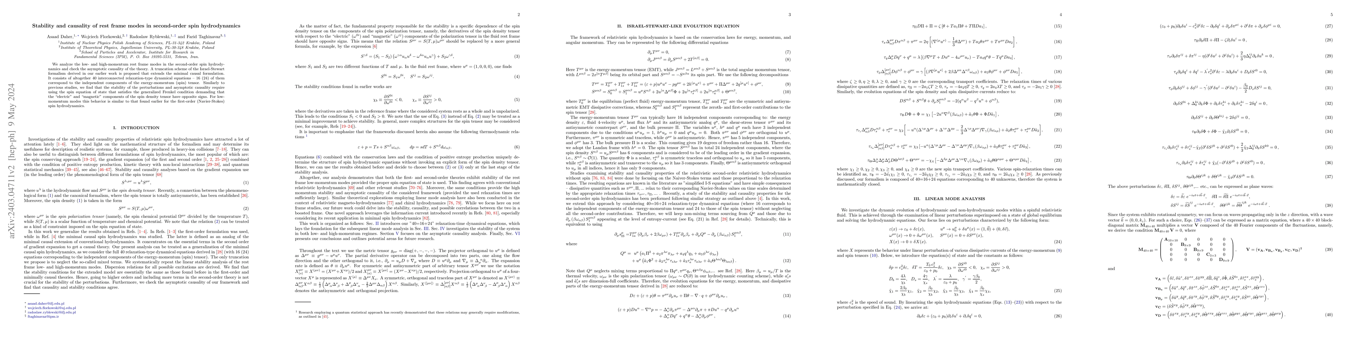 Thumbnail for Stability and causality of rest frame modes in second-order spin
  hydrodynamics