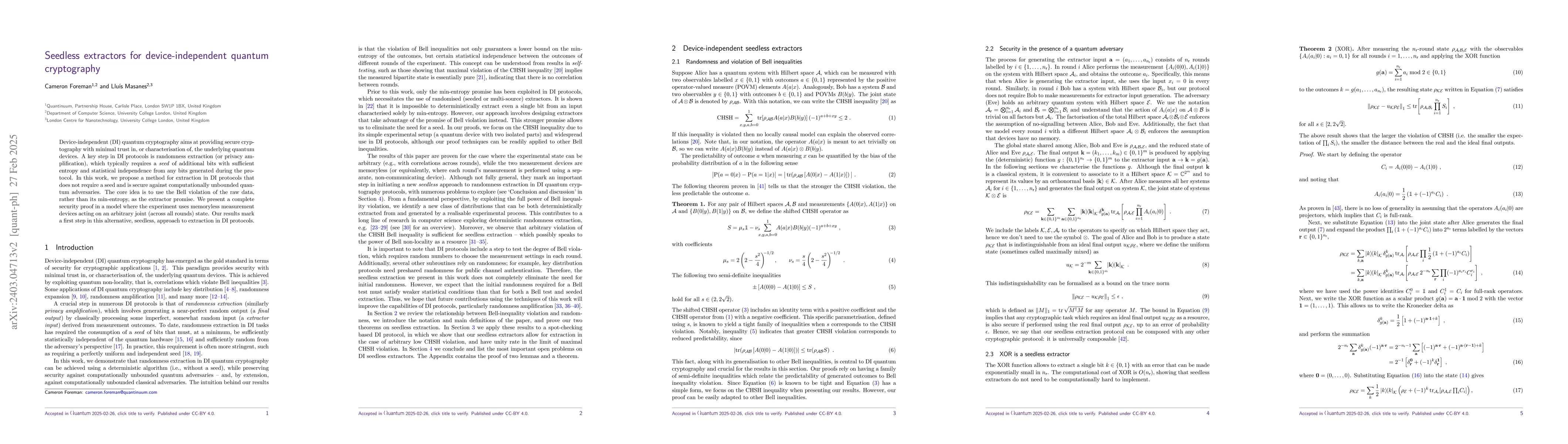 Thumbnail for Seedless Extractors for Device-Independent Quantum Cryptography