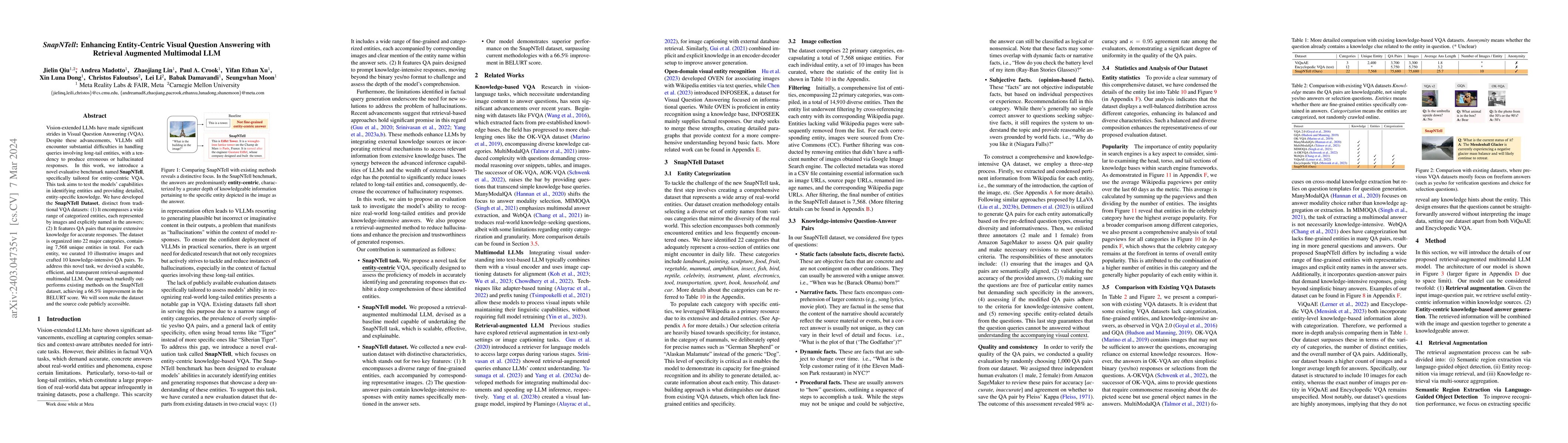 Thumbnail for SnapNTell: Enhancing Entity-Centric Visual Question Answering with
  Retrieval Augmented Multimodal LLM