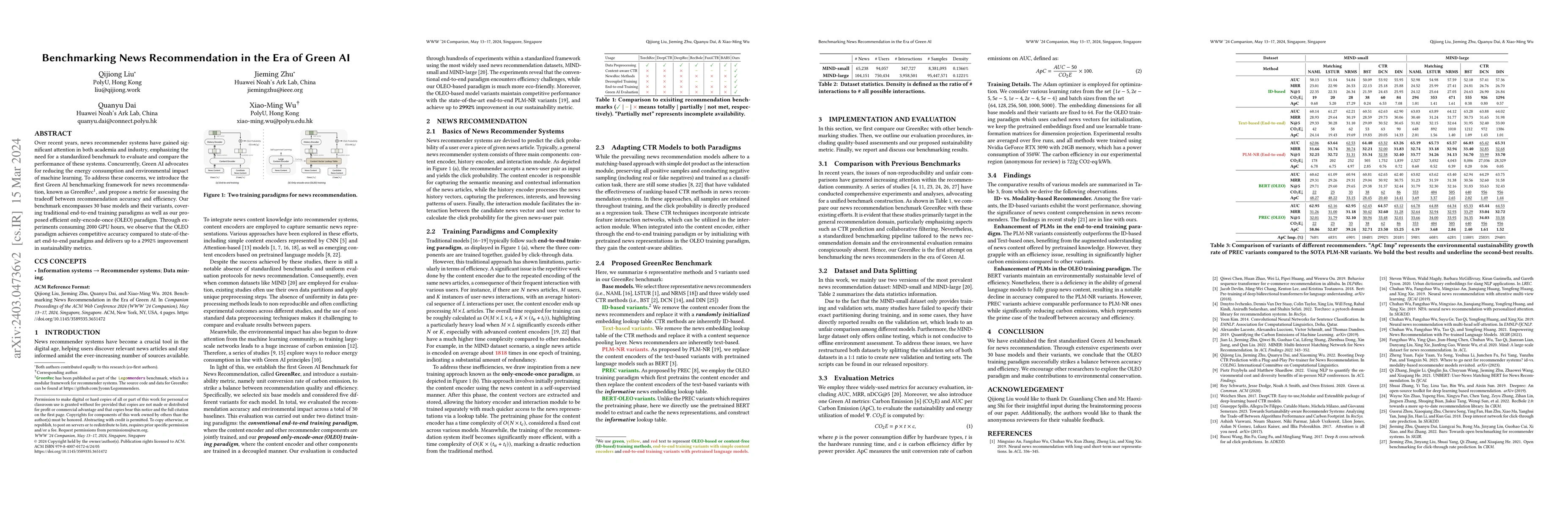 Thumbnail for Benchmarking News Recommendation in the Era of Green AI