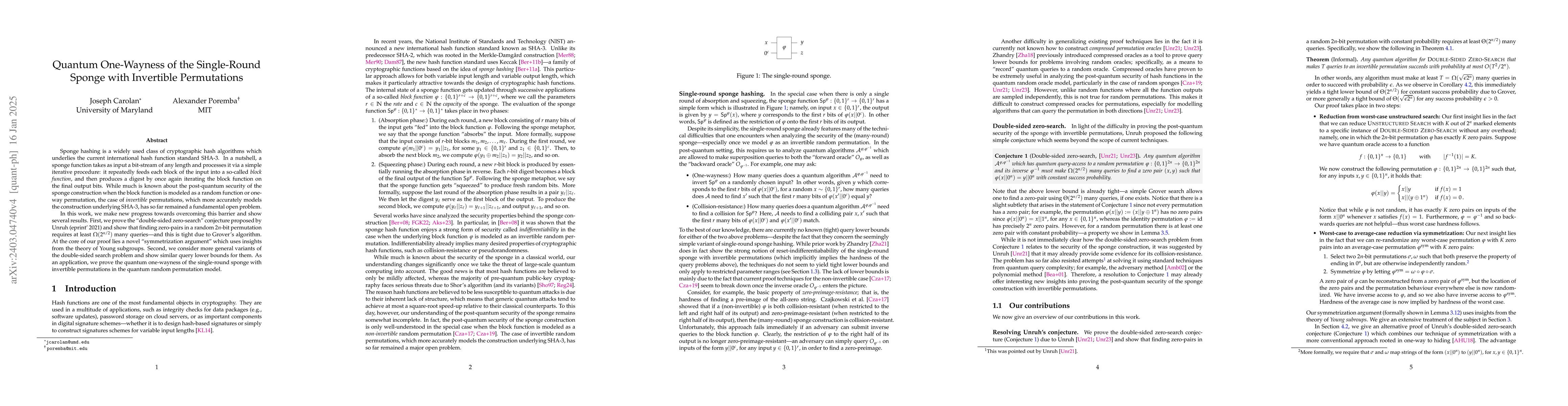 Thumbnail for Quantum One-Wayness of the Single-Round Sponge with Invertible
  Permutations
